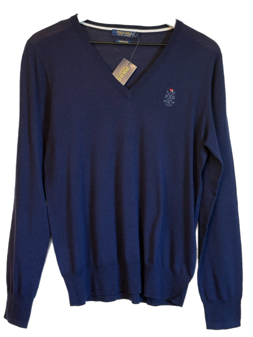 Polo Golf Ralph Lauren NEW Merino Navy V-Neck Portland Golf Club Crest L